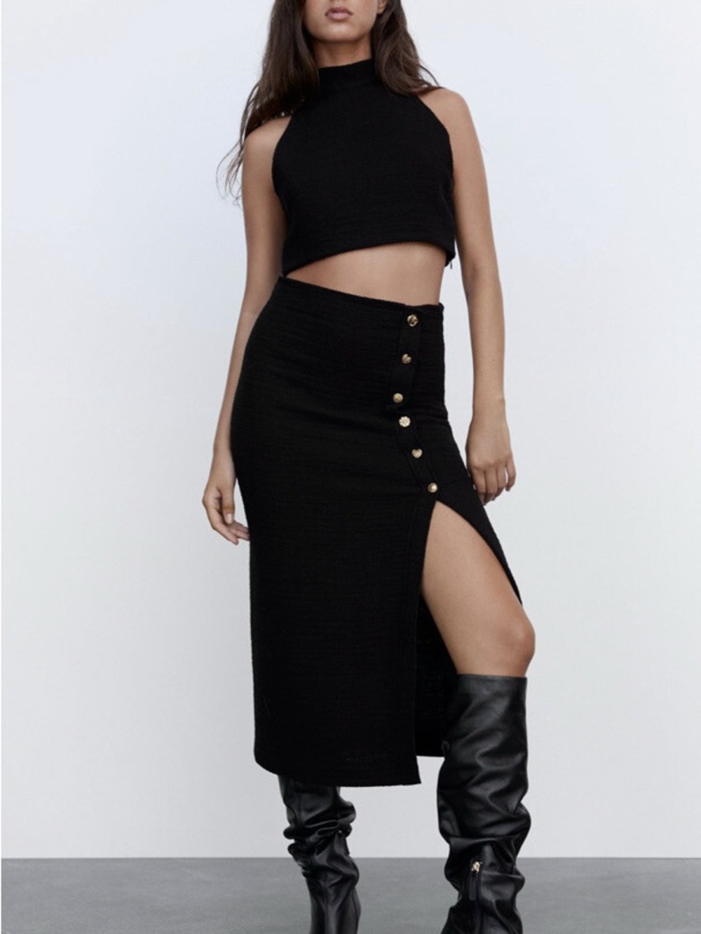 Zara Black Midi Skirt with High Side Slit and Gold Buttons
